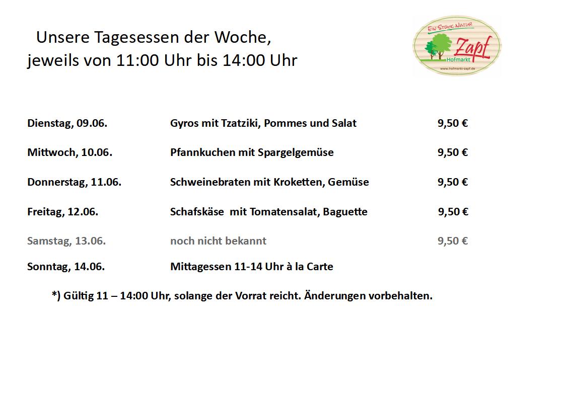 Die Tagesessen vom 09.06.-14.06.2026