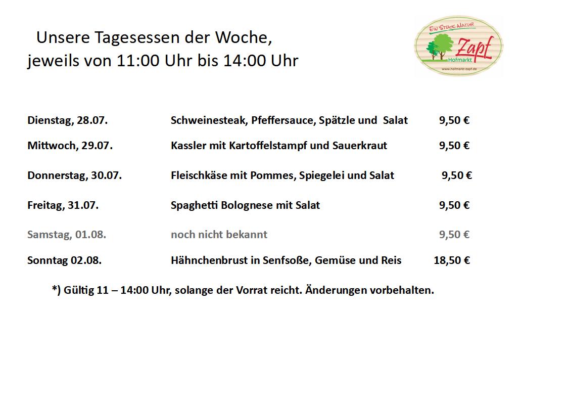 Die Tagesessen vom 28.07.-02.08.2026