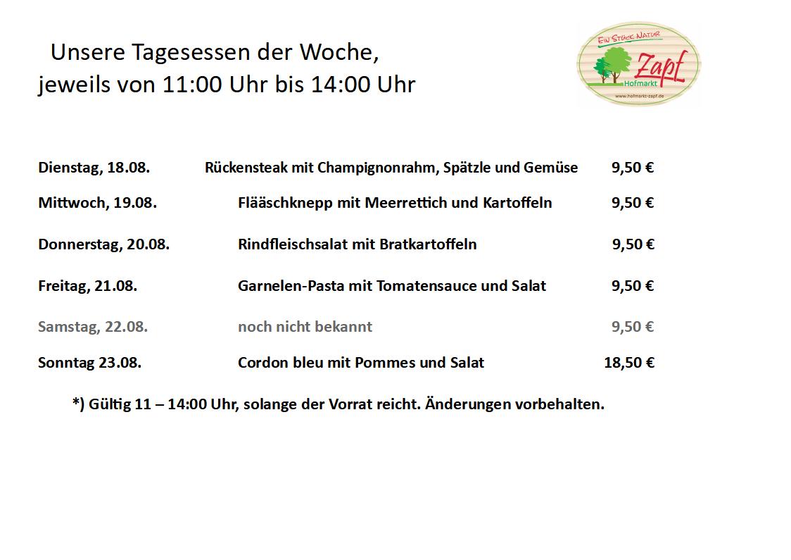 Die Tagesessen vom 18.08.-23.08.2026