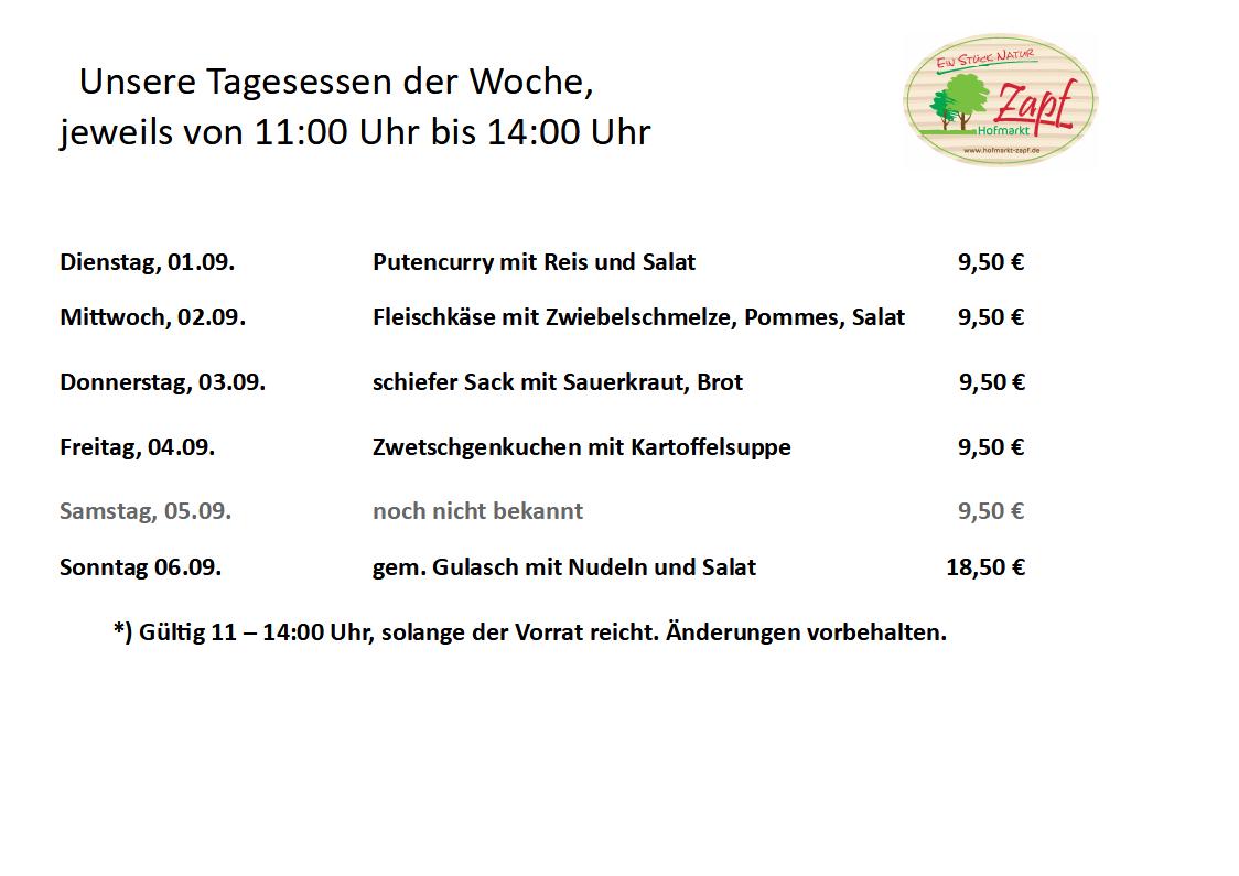 Die Tagesessen vom 01.09.-06.09.2026