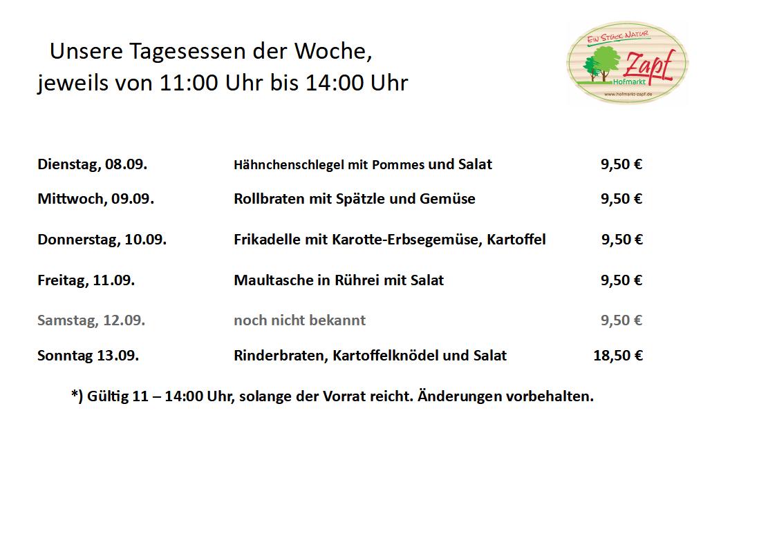 Die Tagesessen vom 08.09.-13.09.2026