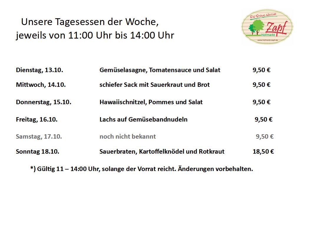 Die Tagesessen vom 13.10.-18.10.2026