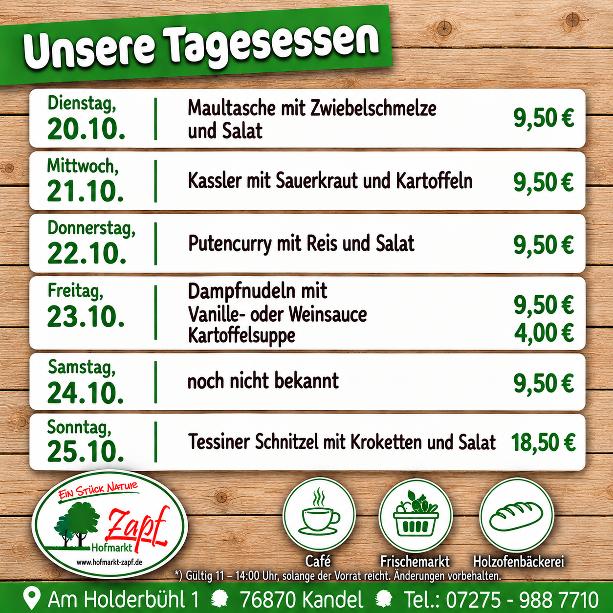 Die Tagesessen vom 20.10.-25.10.2026